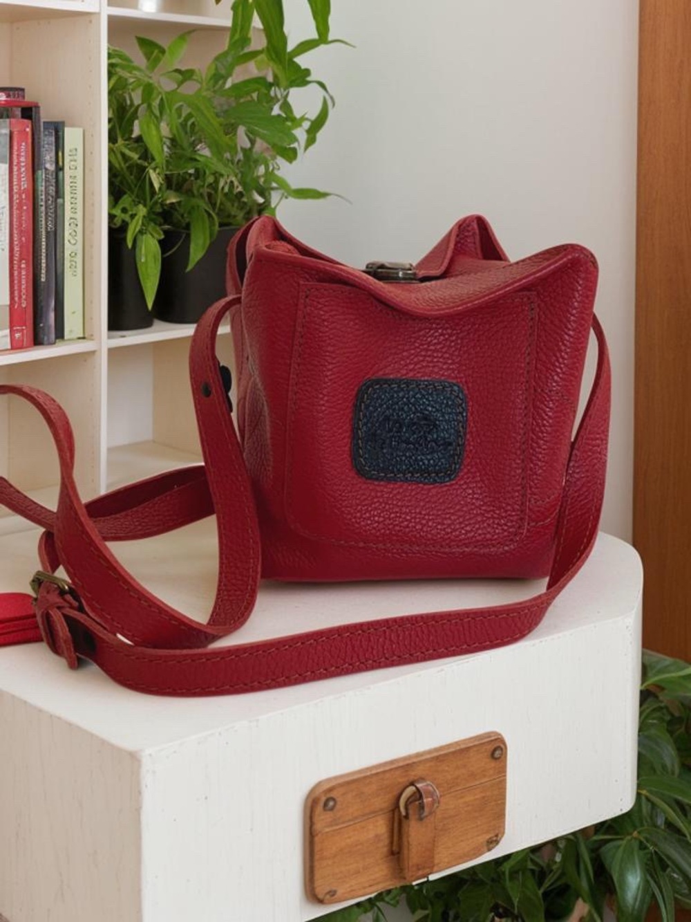 Red Hand Crafted Leather “Box Bag”